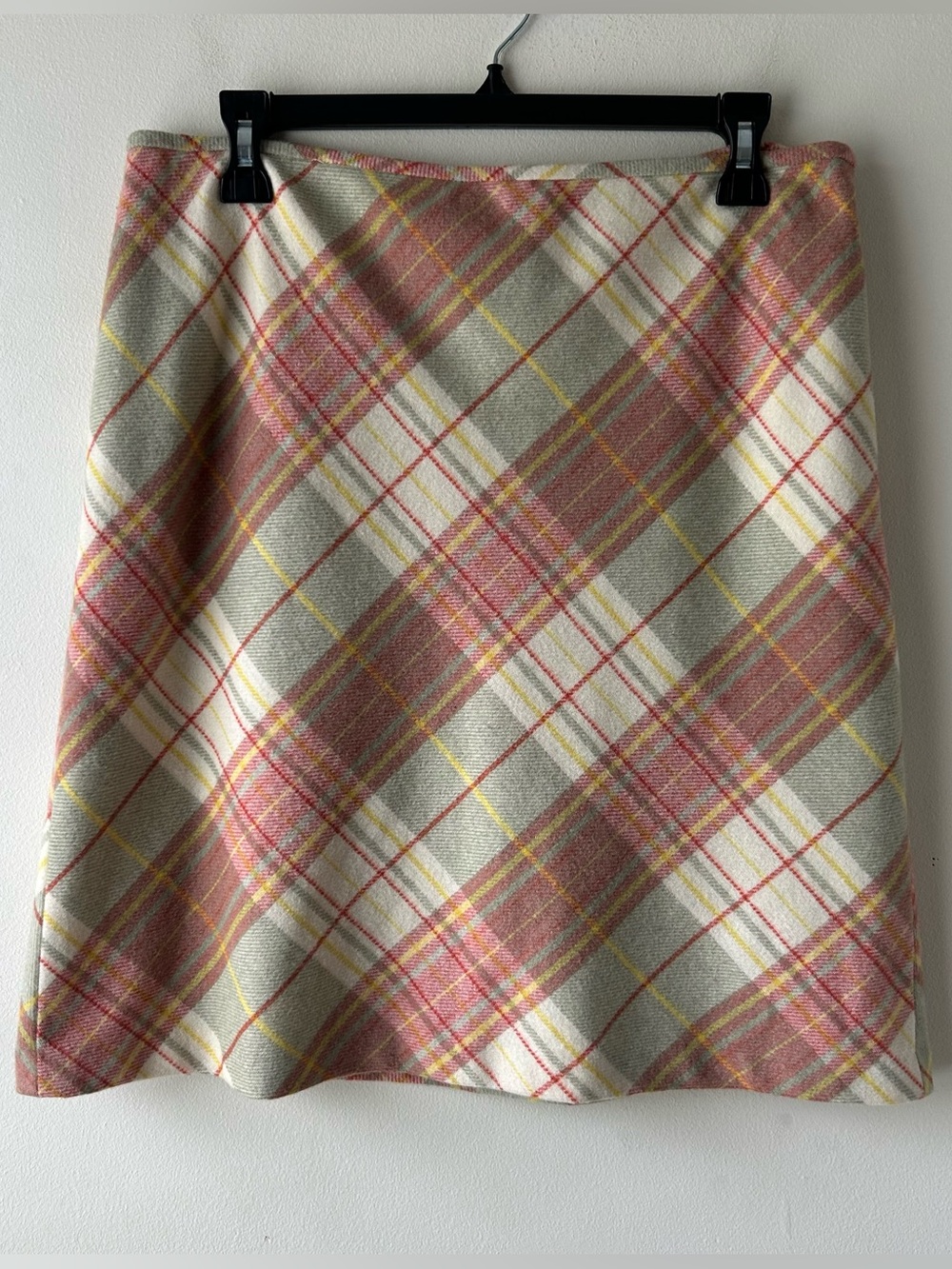 Vintage Y2K Ann Taylor Loft Wool Blend Midi Skirt Bias-Cut Plaid Pink Green 10